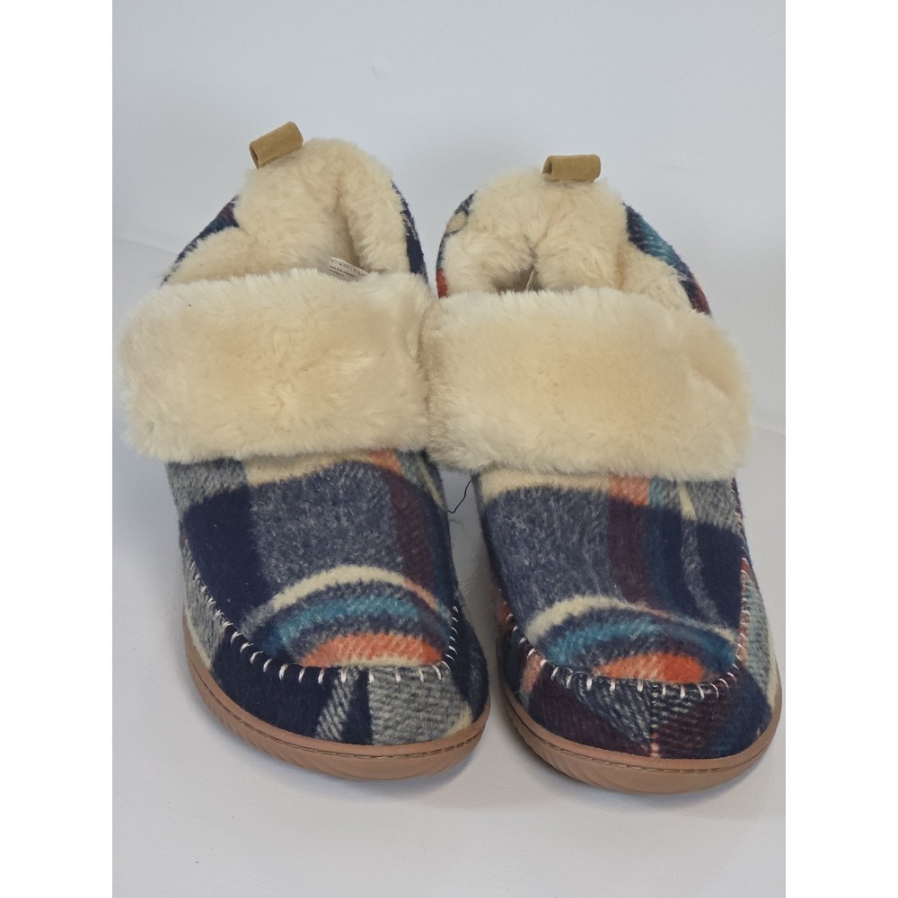 Dearfoams Alpine Moritz Plaid Bootie Slipper Women Size 11/12 Orange Blue Beige - Picture 2 of 6